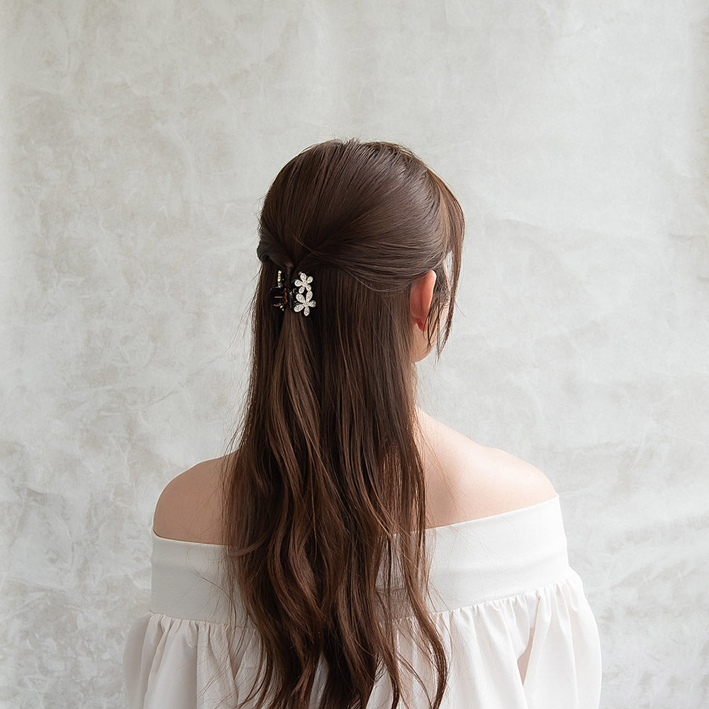 ヘアクリップ メタル フレーム ダブル フラワー ストーン ベーシックカラー ミニ バンスクリップ