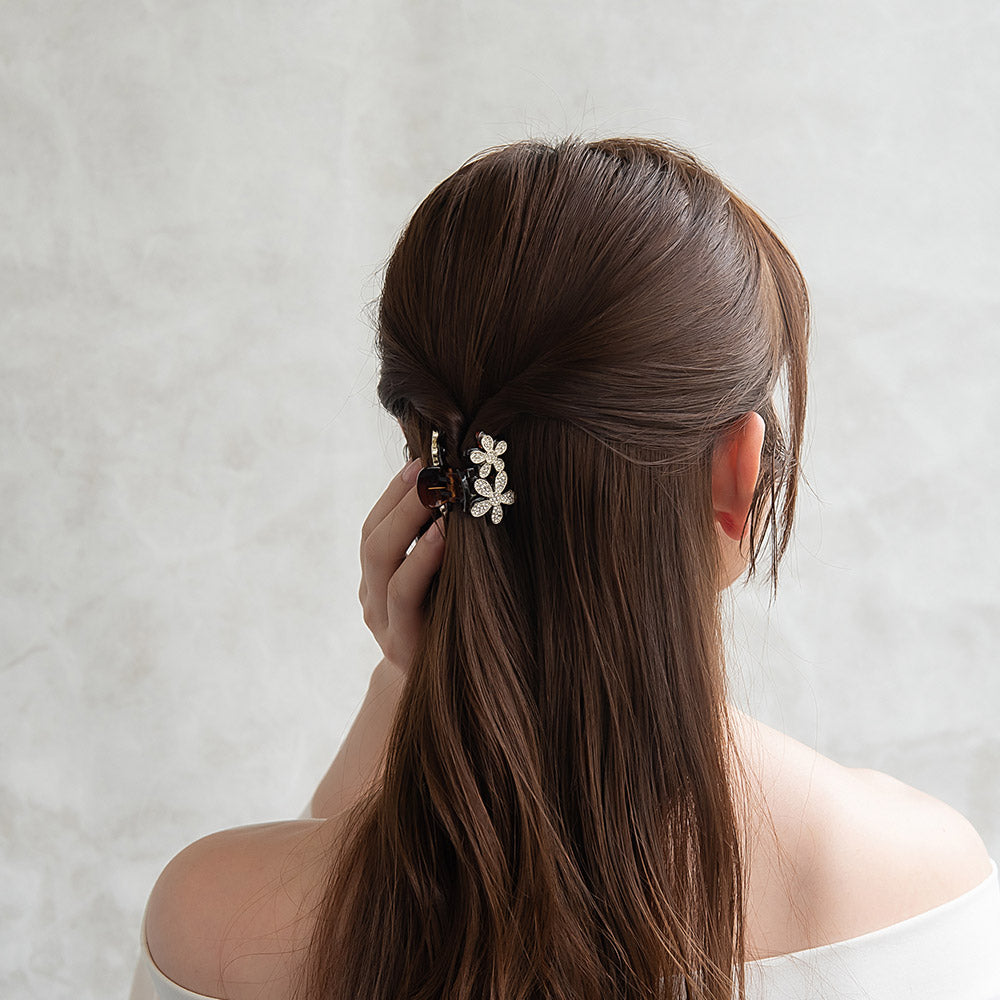 ヘアクリップ メタル フレーム ダブル フラワー ストーン ベーシックカラー ミニ バンスクリップ