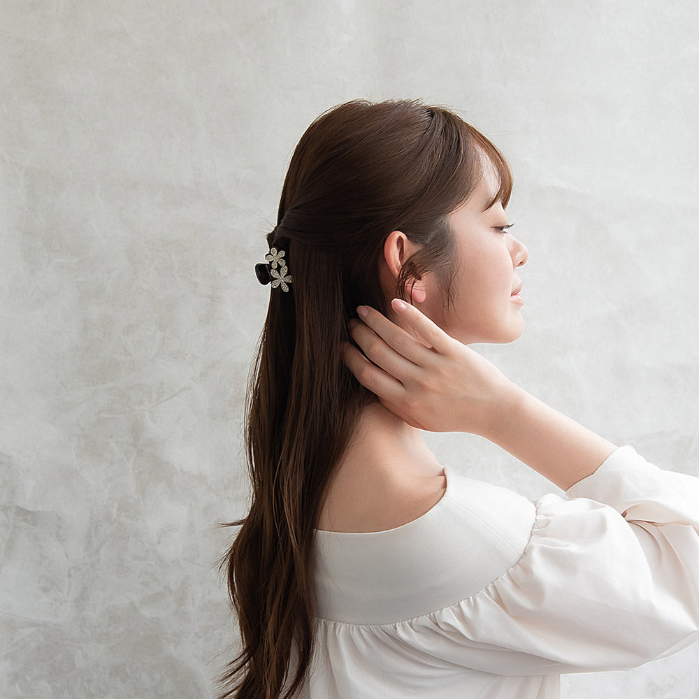 ヘアクリップ メタル フレーム ダブル フラワー ストーン ベーシックカラー ミニ バンスクリップ