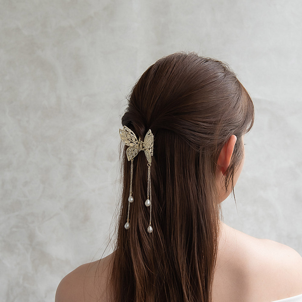 ヘアクリップ バタフライ 透かし メタル ストーン パール ドロップ ロング チェーン 下がり バンスクリップ
