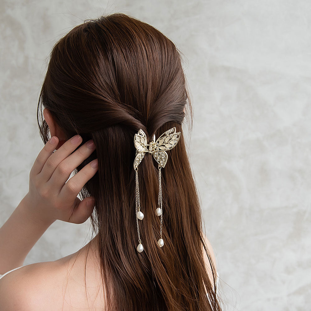 ヘアクリップ バタフライ 透かし メタル ストーン パール ドロップ ロング チェーン 下がり バンスクリップ