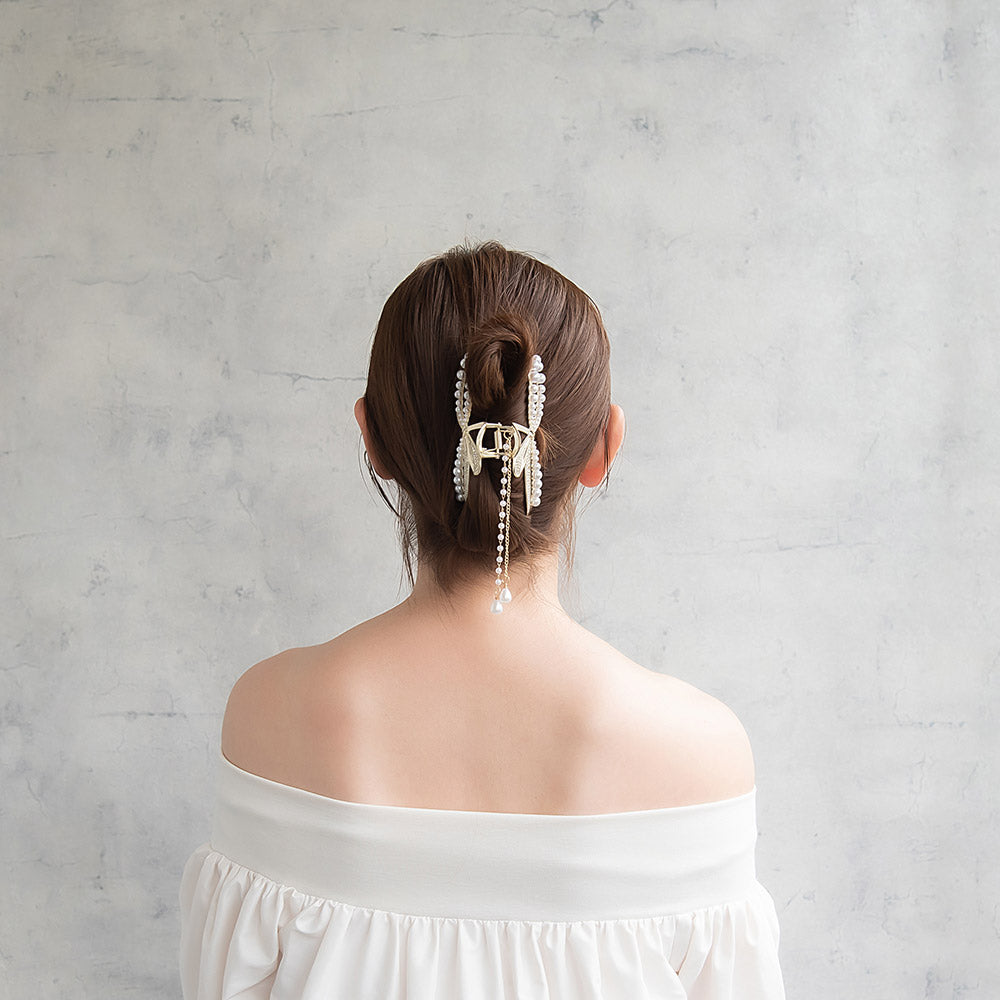 ヘアクリップ リボン メタル ストーン パール ドット ドロップ ロング チェーン 下がり バンスクリップ