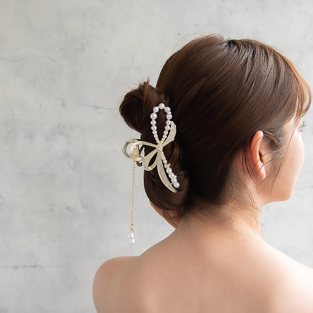 ヘアクリップ リボン メタル ストーン パール ドット ドロップ ロング チェーン 下がり バンスクリップ