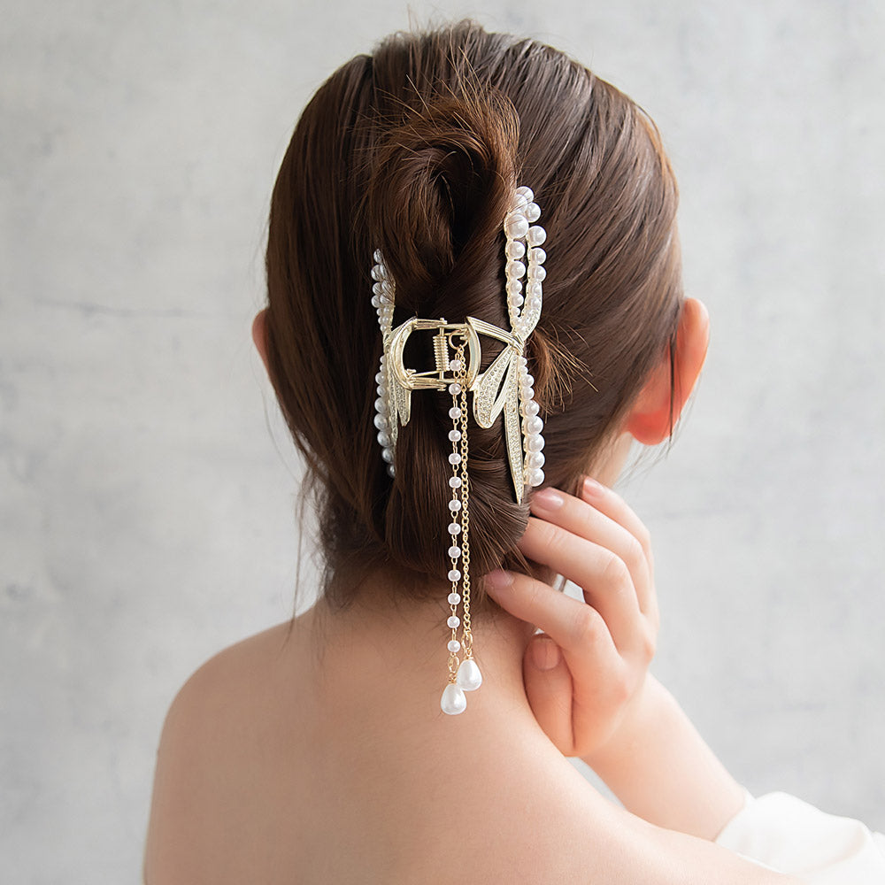 ヘアクリップ リボン メタル ストーン パール ドット ドロップ ロング チェーン 下がり バンスクリップ
