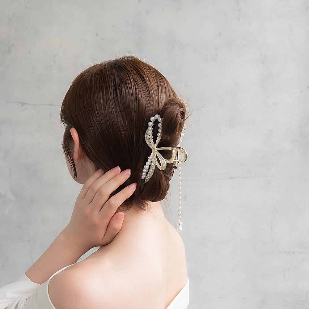 ヘアクリップ リボン メタル ストーン パール ドット ドロップ ロング チェーン 下がり バンスクリップ