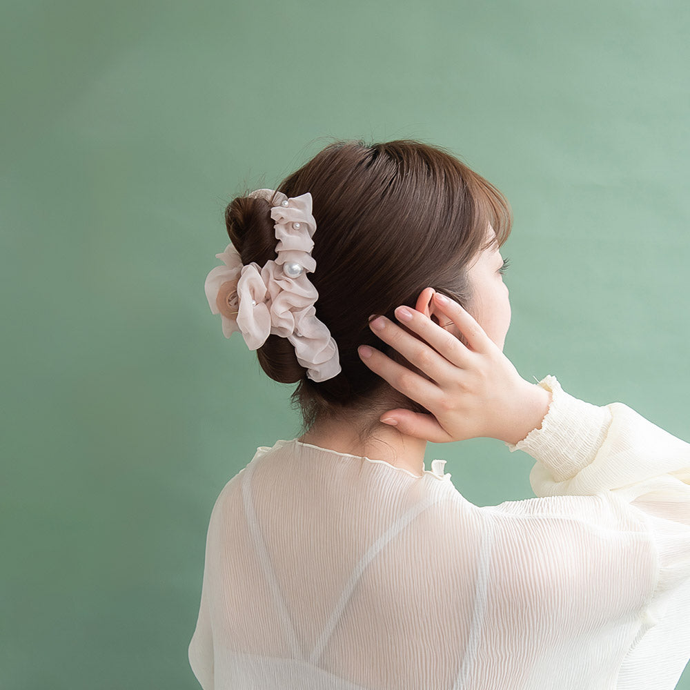 ヘアクリップ シアー くしゅくしゅ パール ボリューム ロール バンスクリップ