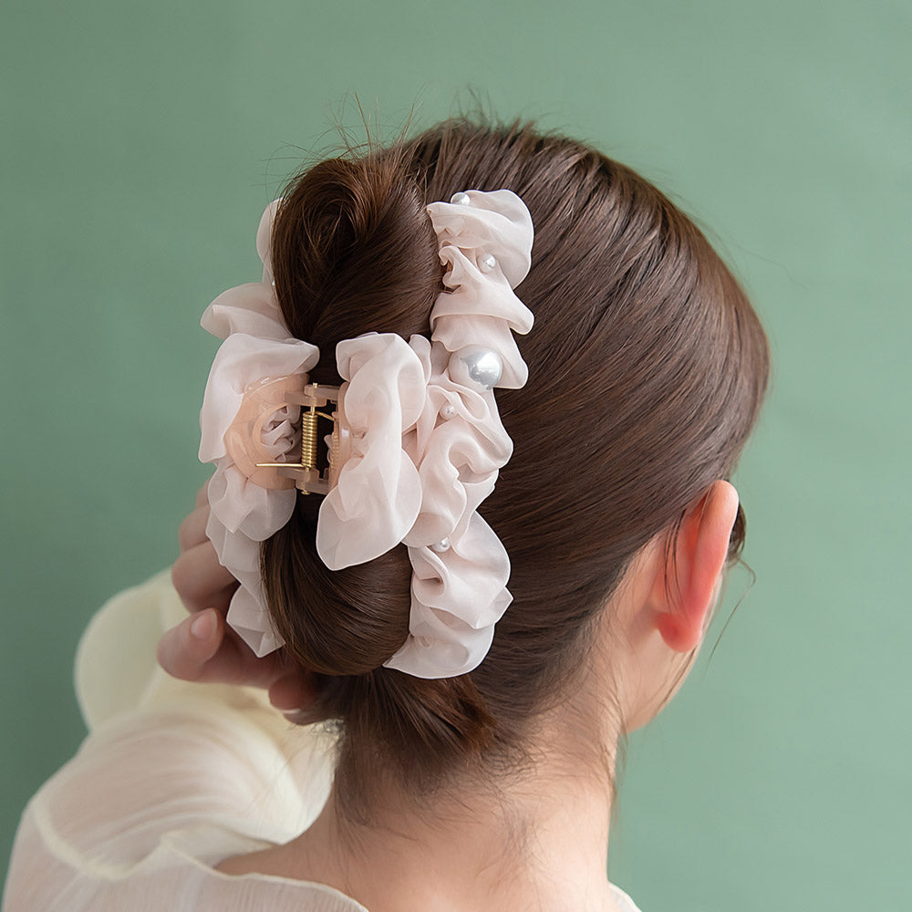 ヘアクリップ シアー くしゅくしゅ パール ボリューム ロール バンスクリップ
