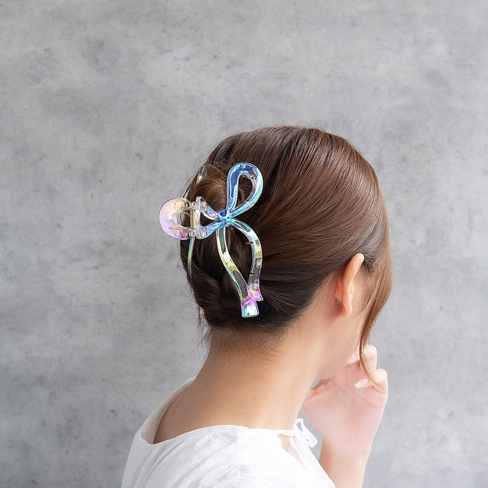 ヘアクリップ クリア カラー オーロラ リボン ビッグ バンスクリップ