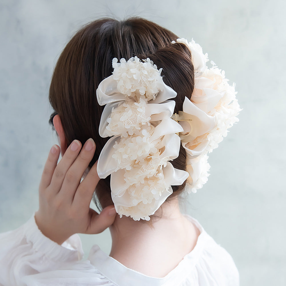 ヘアクリップ ボリューム フリル フラワー レース ビッグ ロール バンスクリップ