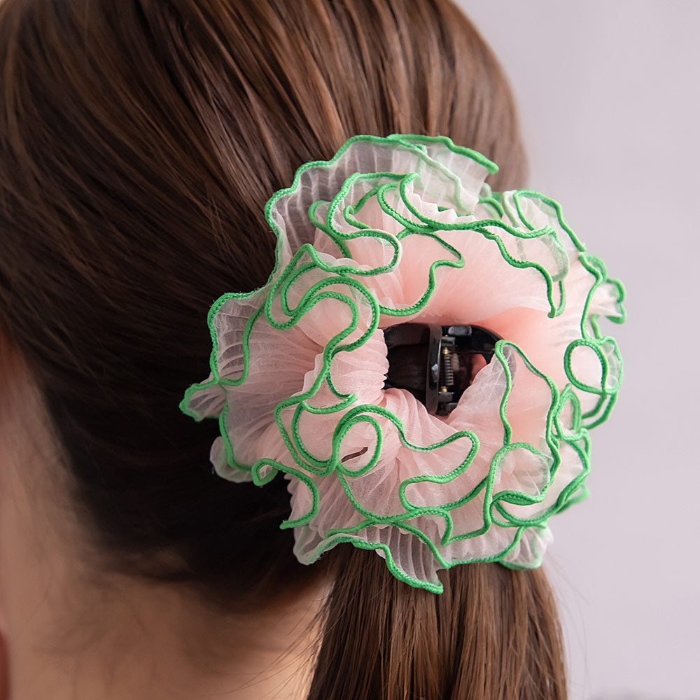 ヘアクリップ シアー プリーツ バイカラー メロウ シュシュ風 バンスクリップ