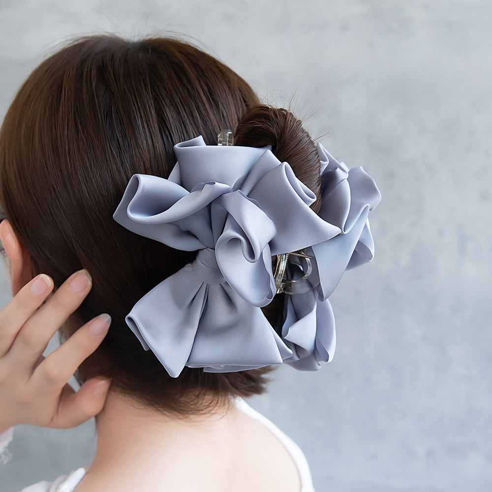 ヘアクリップ サテン レイヤード リボン ビッグ ロール バンスクリップ