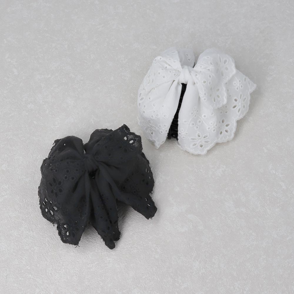 ヘアクリップ コットンレース フリル スカラップ フラワー模様 刺繍 バンスクリップ