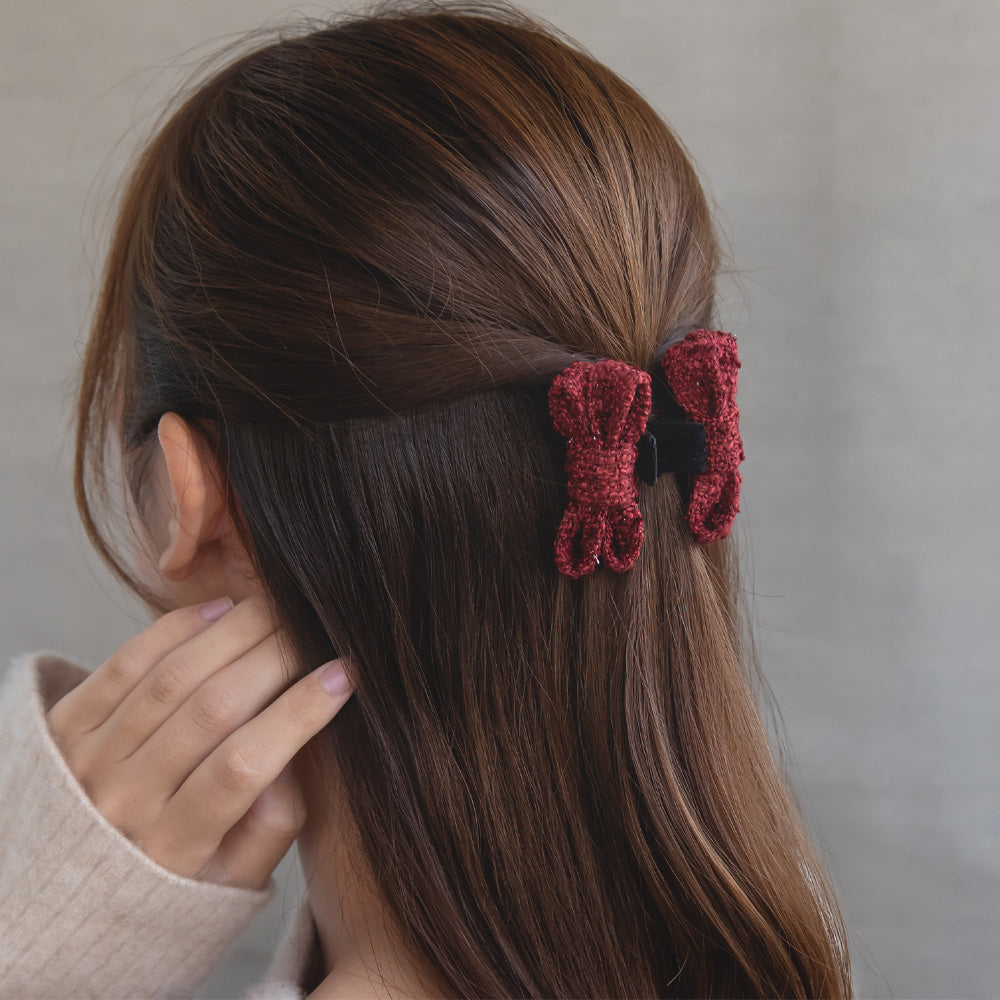 ヘアクリップ リボン ツイード風 ミニバンスクリップ