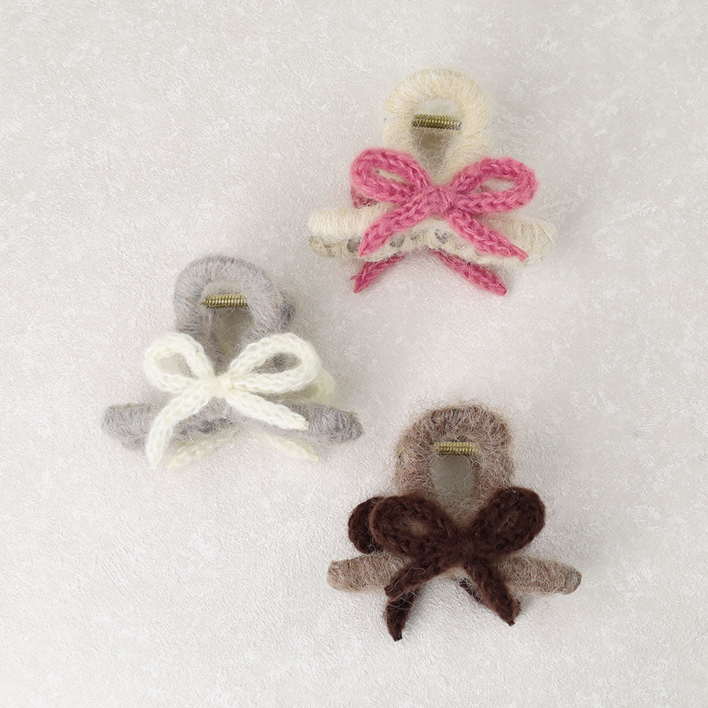 ヘアクリップ 毛糸 かぎ編み リボン ふわふわ ロール バンスクリップ