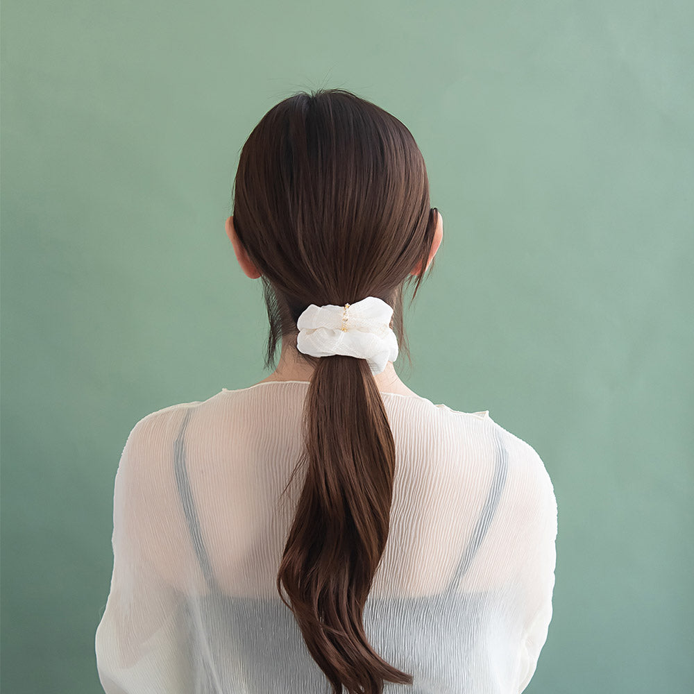 シュシュ チェック 柄 メタル ストーン チェーン リング シアー カラー ヘアゴム ヘアポニー
