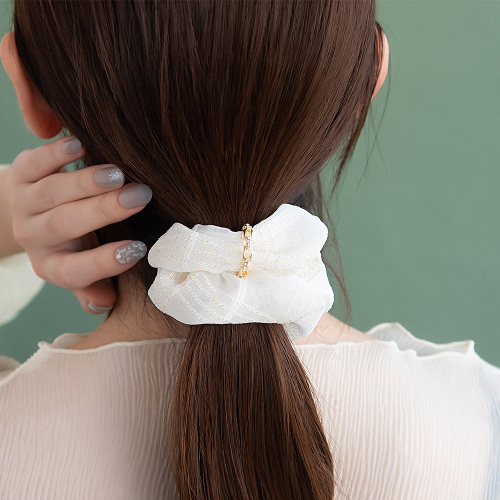 シュシュ チェック 柄 メタル ストーン チェーン リング シアー カラー ヘアゴム ヘアポニー