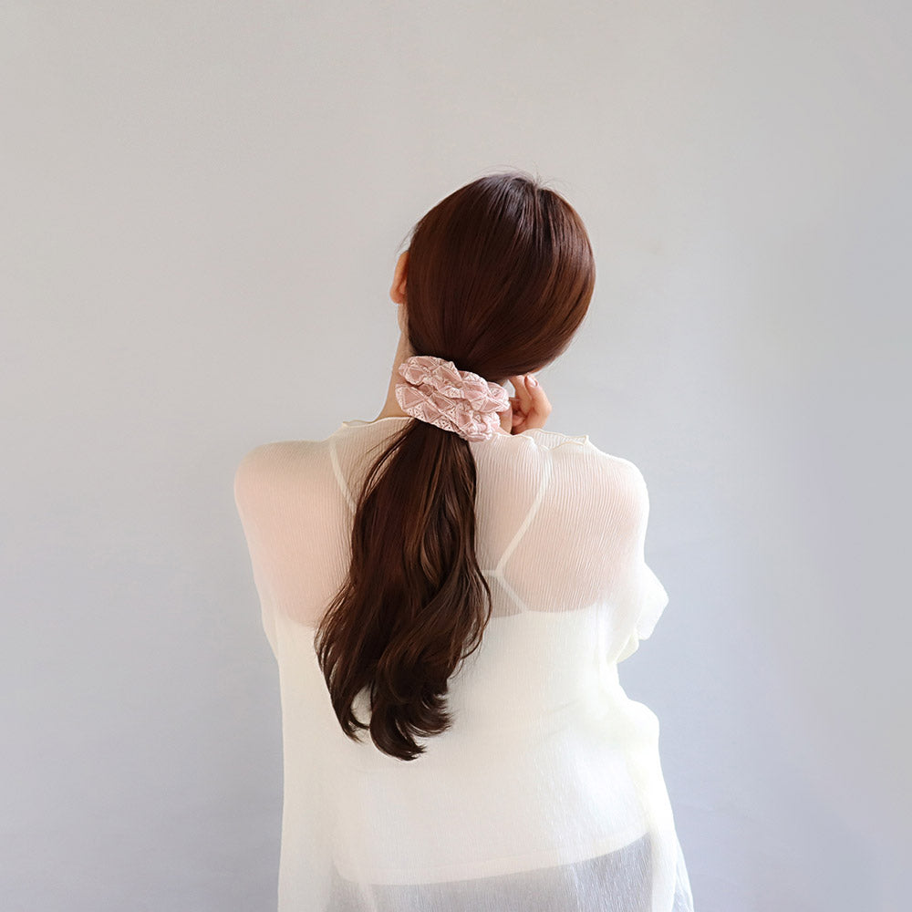 シュシュ フラワー 花 刺繍 トライアングル ヘアゴム ヘアポニー