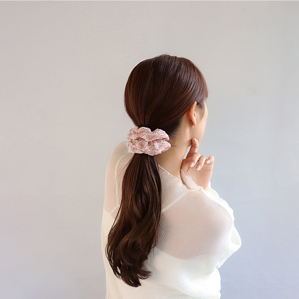 シュシュ フラワー 花 刺繍 トライアングル ヘアゴム ヘアポニー
