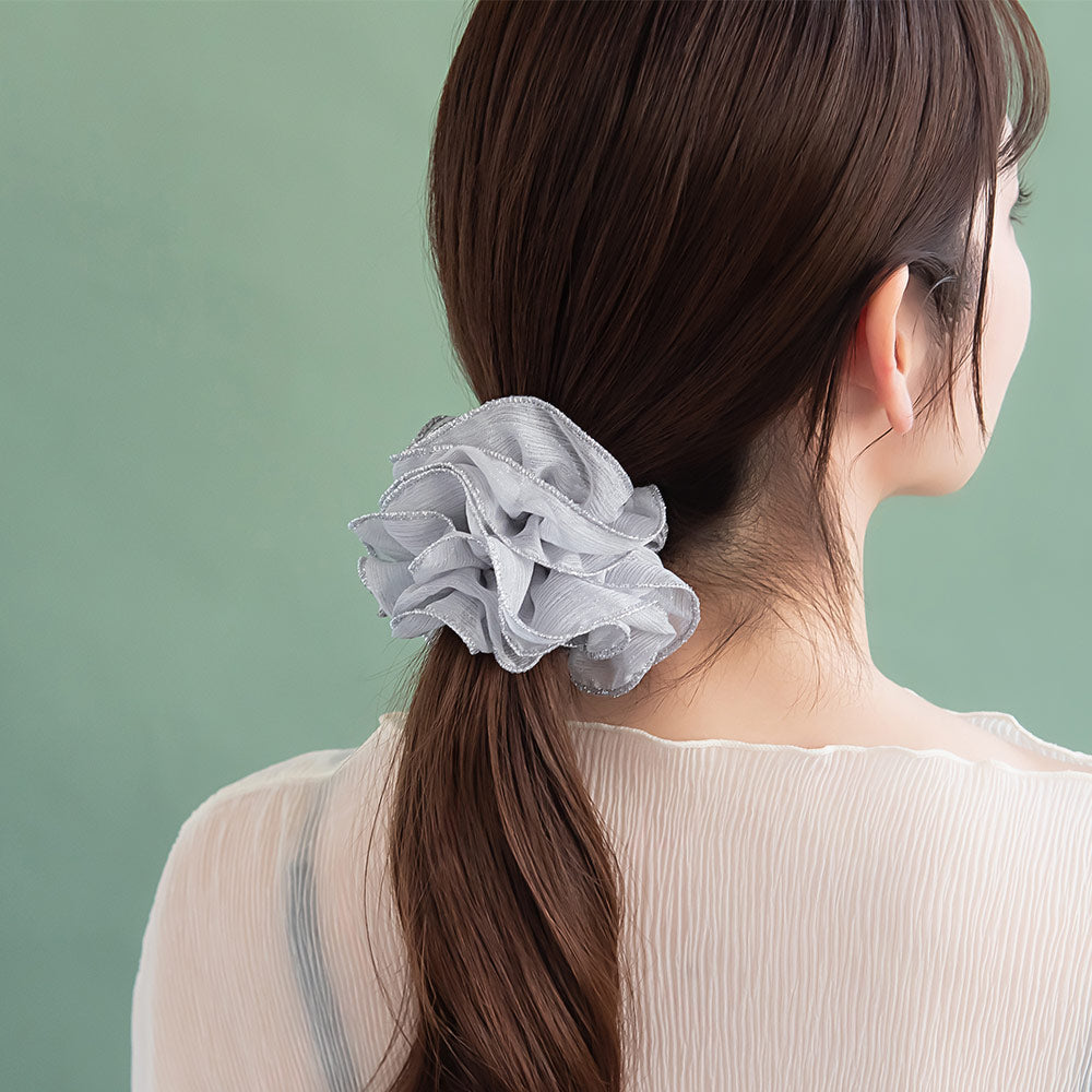 シュシュ シアー パイピング ラメ ボリューム フリル カラー ヘアゴム ヘアポニー