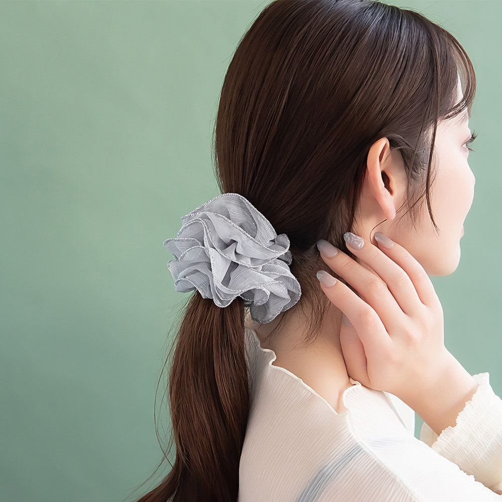 シュシュ シアー パイピング ラメ ボリューム フリル カラー ヘアゴム ヘアポニー