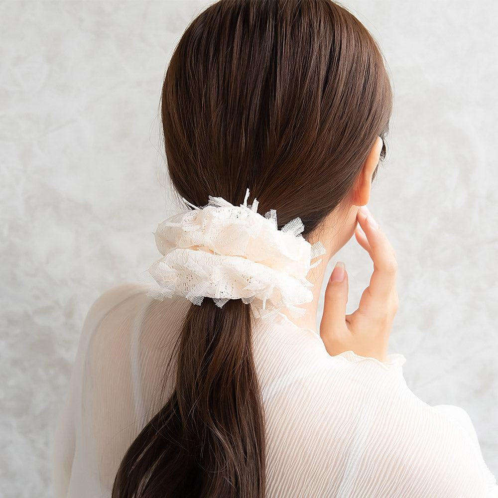 シュシュ フラワー レース風 デコレーション チュール ヘアゴム ヘアポニー