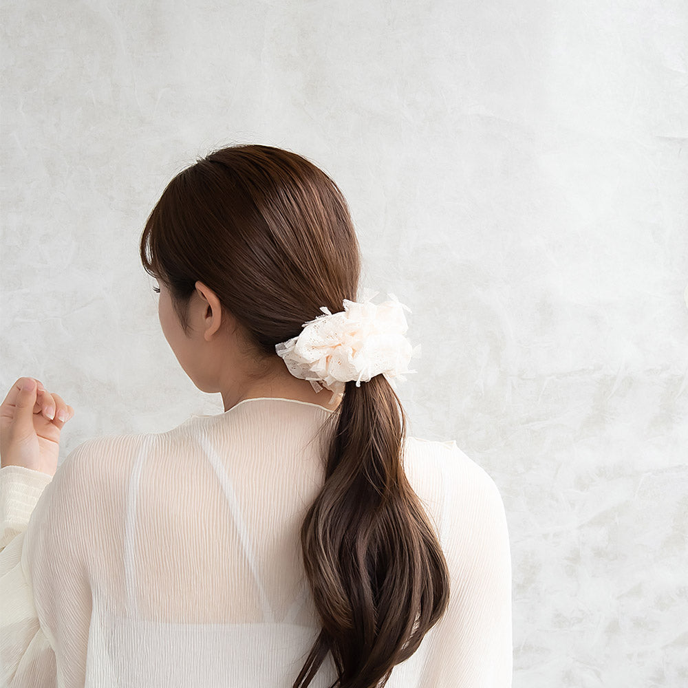 シュシュ フラワー レース風 デコレーション チュール ヘアゴム ヘアポニー