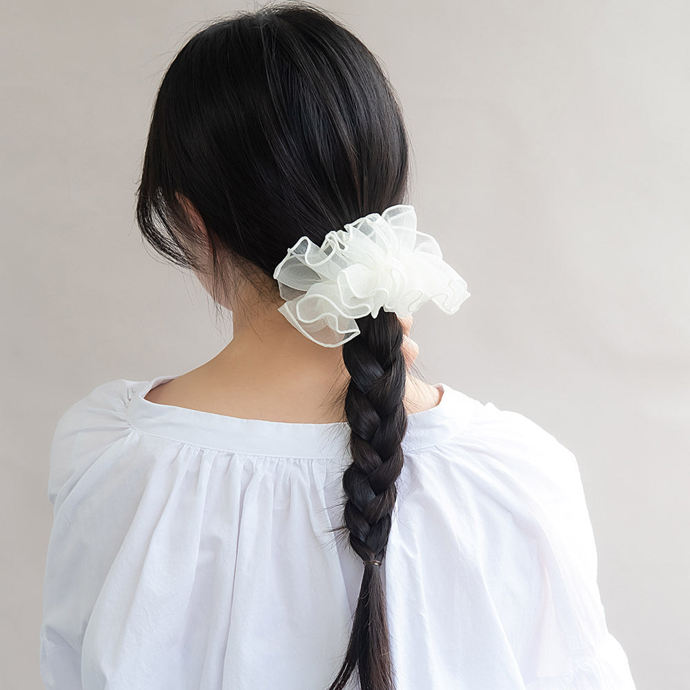 シュシュ シアー ハーフ フリル パイピング カラー ヘアゴム ヘアポニー