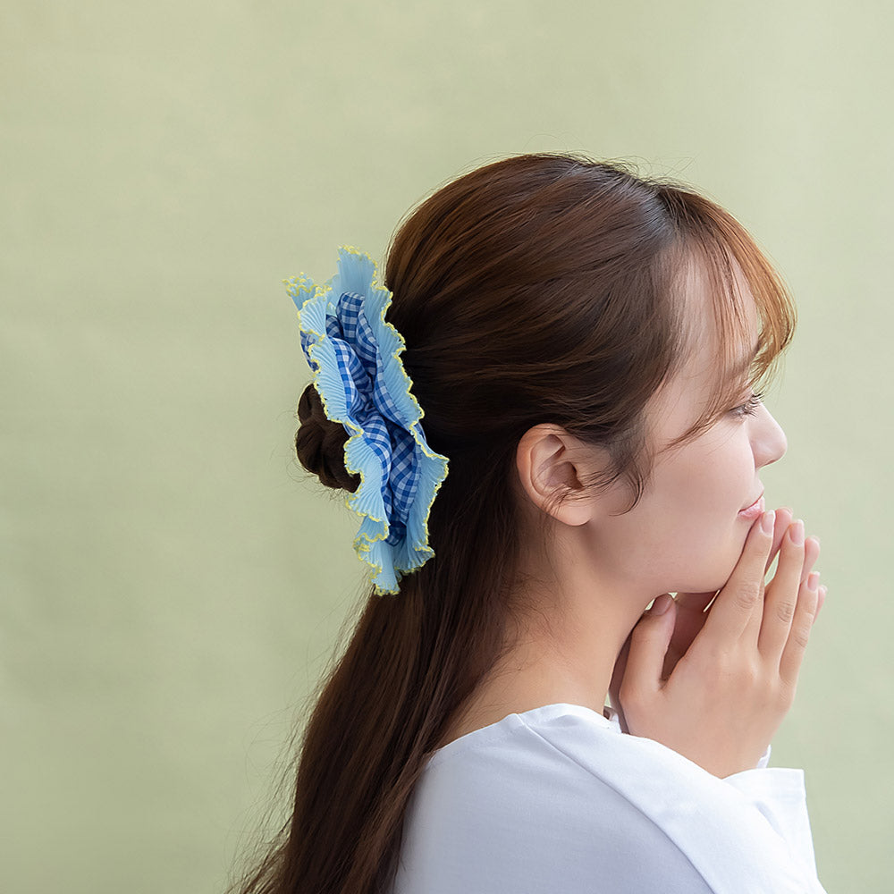 シュシュ ボリューム プリーツ フリル チェック 柄 パイピング カラー ビッグ ヘアゴム ヘアポニー