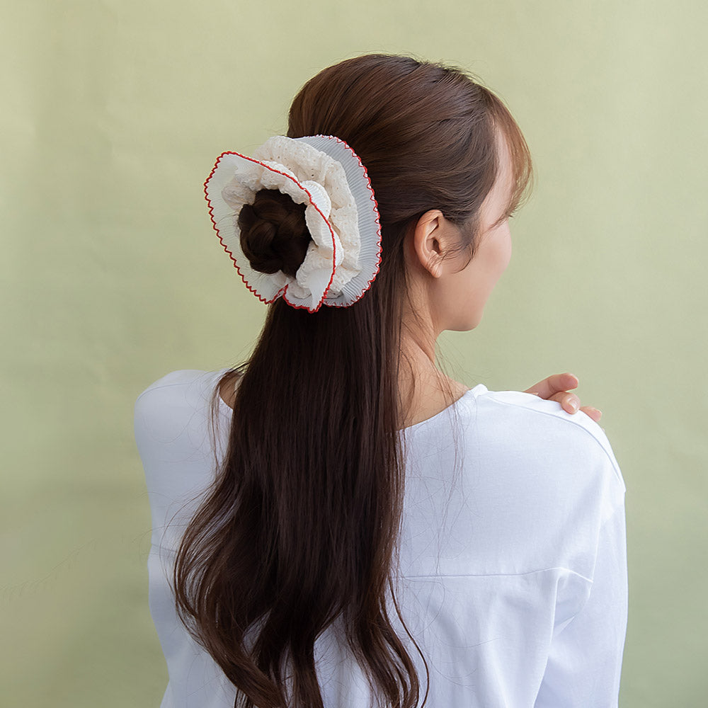 シュシュ ボリューム プリーツ フリル 柄 パイピング バイカラー ビッグ ヘアゴム ヘアポニー