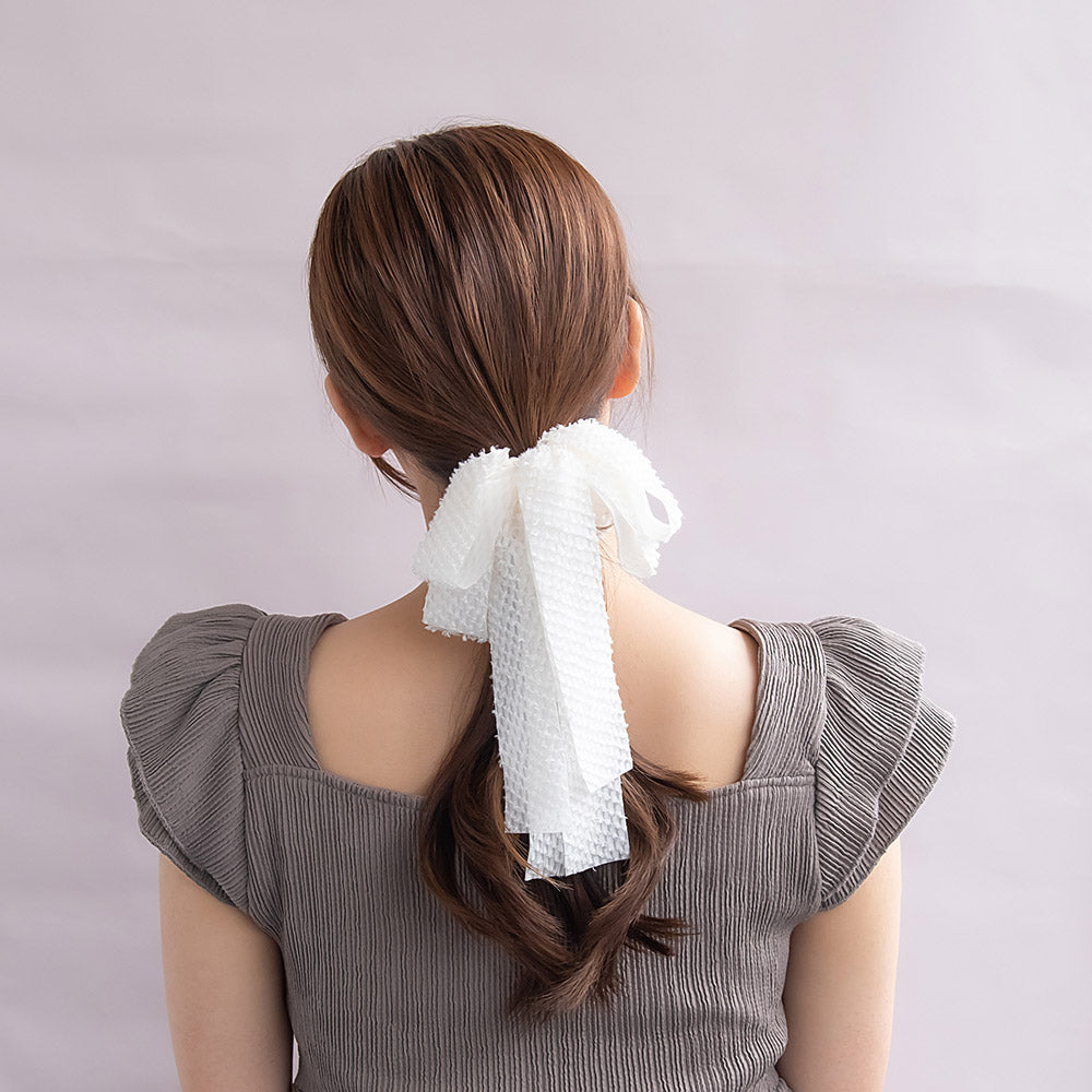 シュシュ シャギー ボリューム ロング ダブル リボン カラー