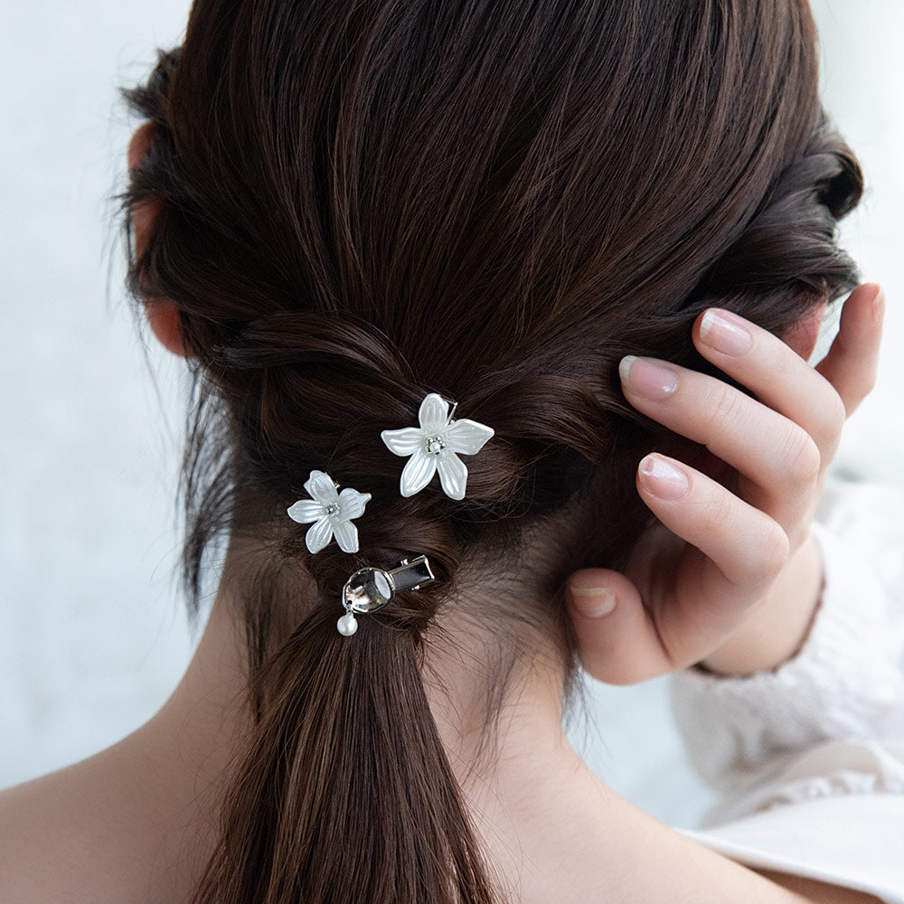 Classy ヘアクリップ ダブル フラワー 花 メタル プレート パール 3個セット ミニクリップ