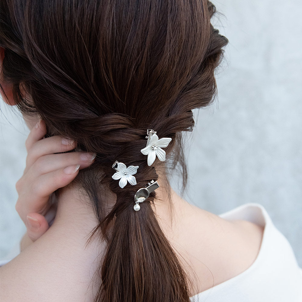 Classy ヘアクリップ ダブル フラワー 花 メタル プレート パール 3個セット ミニクリップ