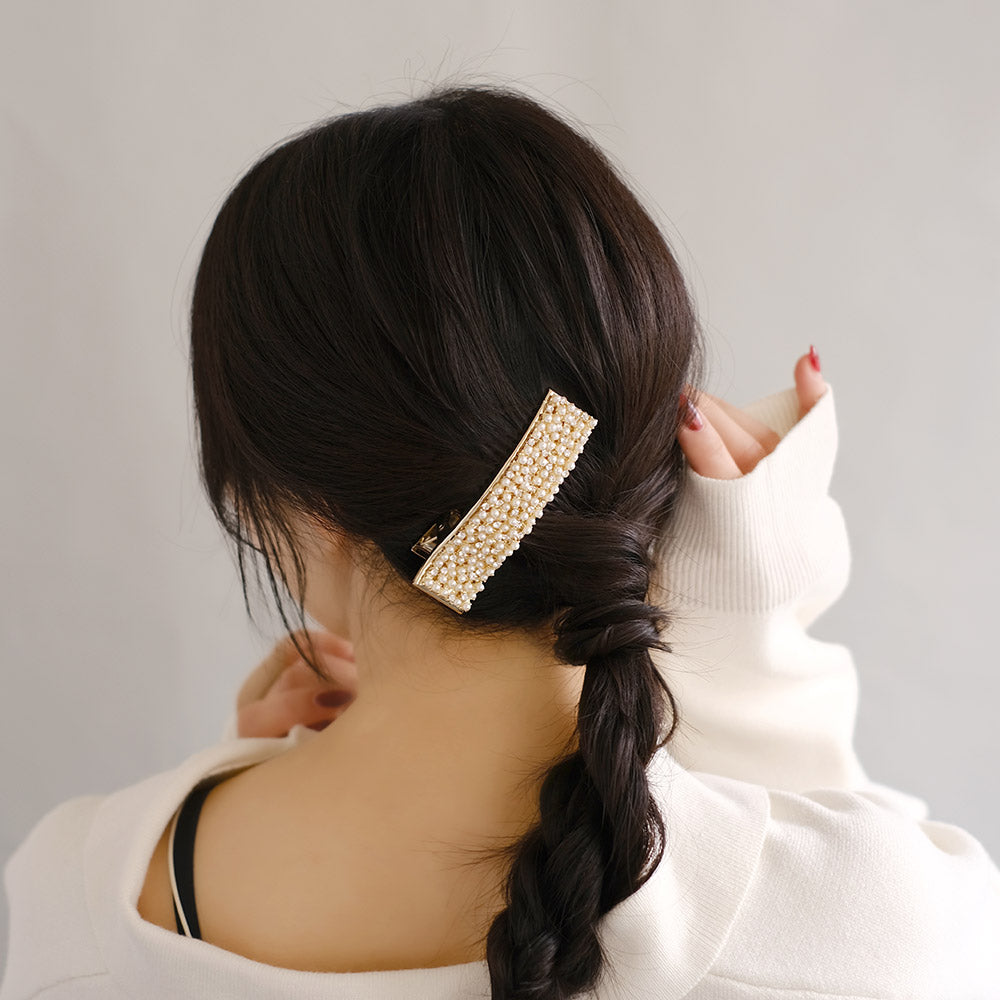 Classy ヘアクリップ ニッケルフリー メタル ミニ パール ストーン バブル レクタングル フォーククリップ