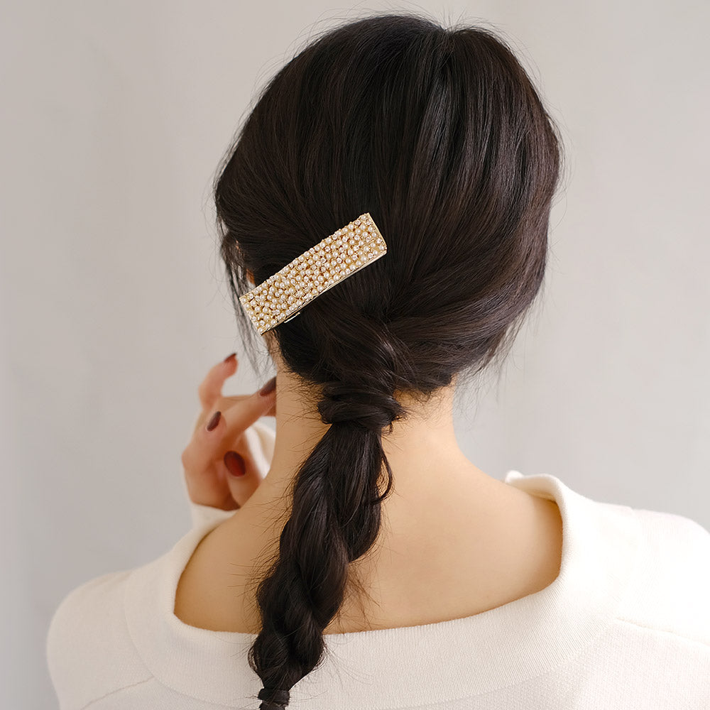 Classy ヘアクリップ ニッケルフリー メタル ミニ パール ストーン バブル レクタングル フォーククリップ