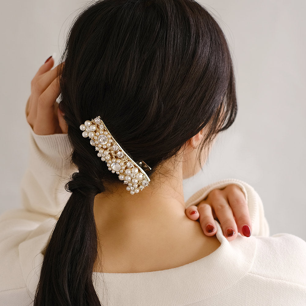 Classy ヘアクリップ ニッケルフリー メタル ストーン パール フラワー レクタングル フォーククリップ