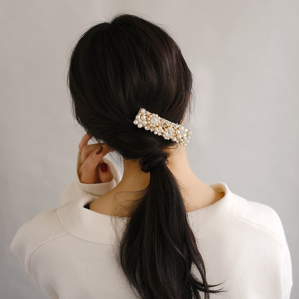 Classy ヘアクリップ ニッケルフリー メタル ストーン パール フラワー レクタングル フォーククリップ