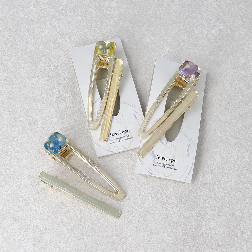 ヘアクリップ Jewel epo ドライフラワー 花 ミニ パール クリア マーブル カラー ラメ レクタングル トライアングル 中抜き 2個セット クリップ