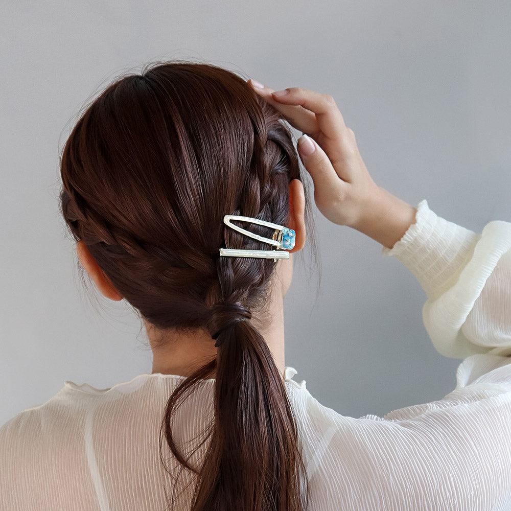 ヘアクリップ Jewel epo ドライフラワー 花 ミニ パール クリア マーブル カラー ラメ レクタングル トライアングル 中抜き 2個セット クリップ