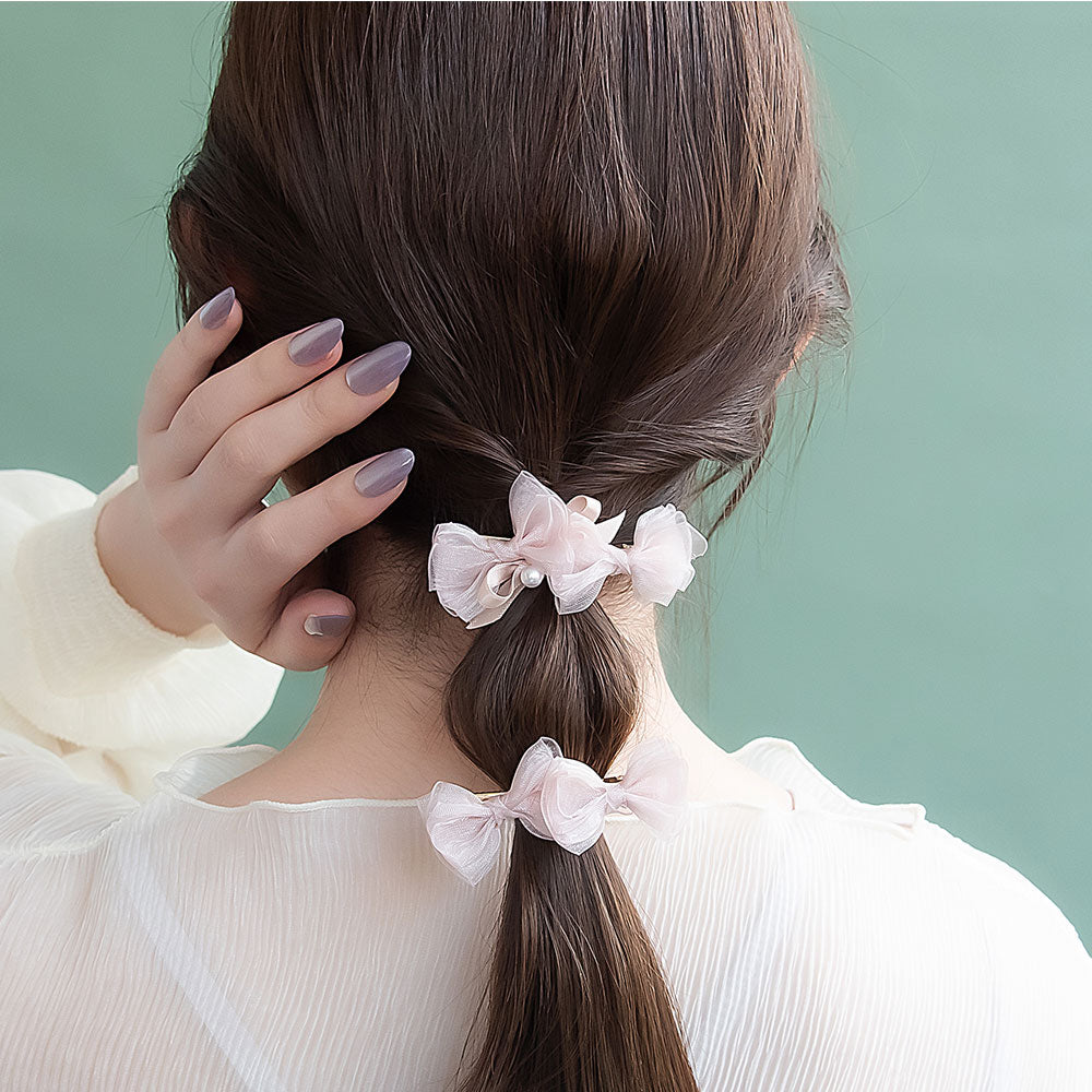 ヘアクリップ シアー レイヤード ダブル ミニ リボン パール 2個セット クリップ