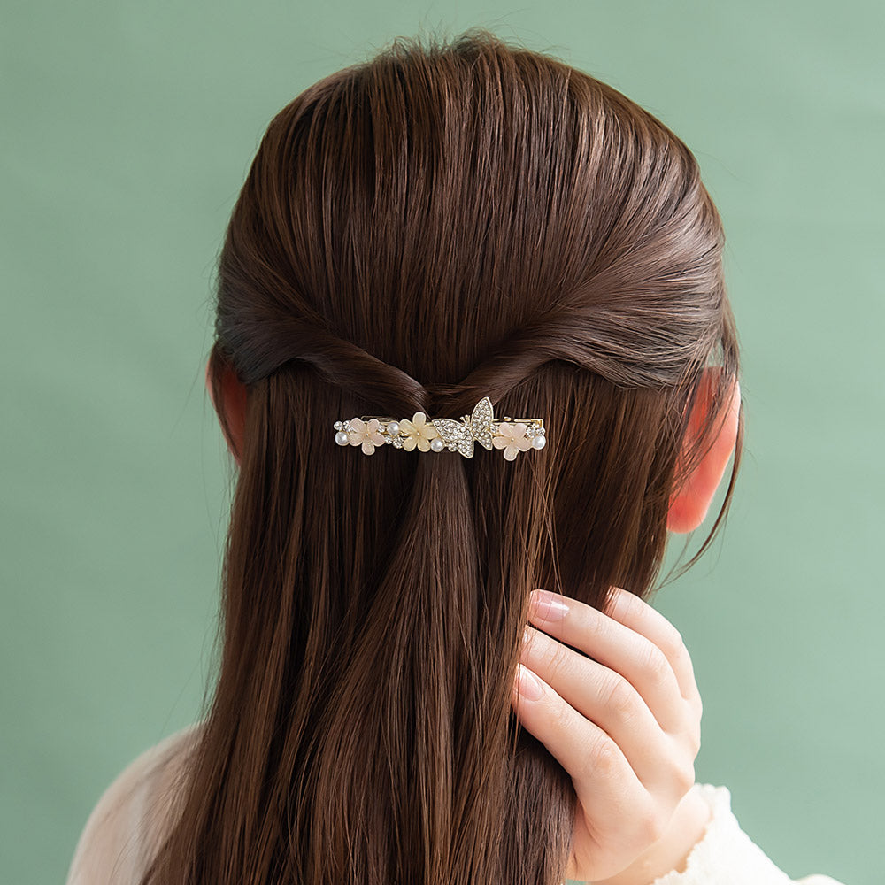 ヘアクリップ フラワー 花 バタフライ 蝶 ミニ パール ストーン カラー メタル サイドクリップ