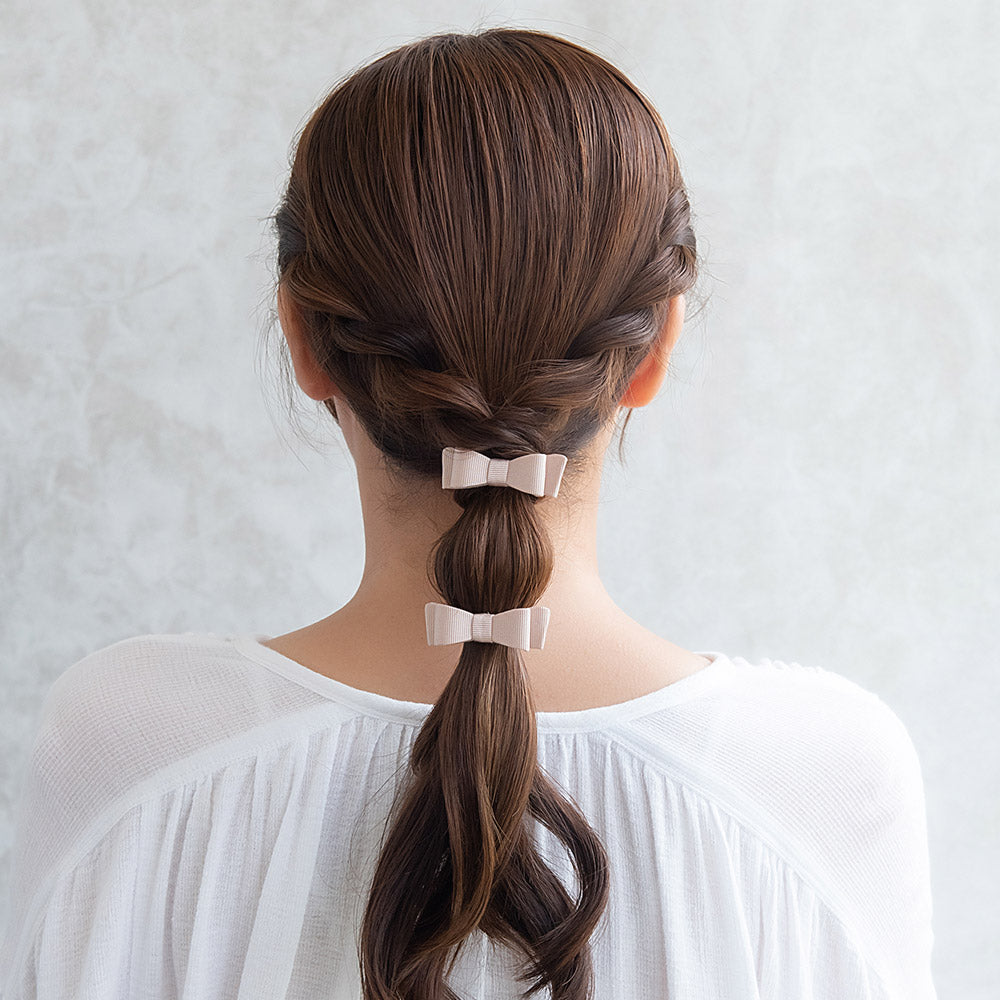 ヘアクリップ ミニ リボン グログラン 立体 カラー 2個セット サイドクリップ