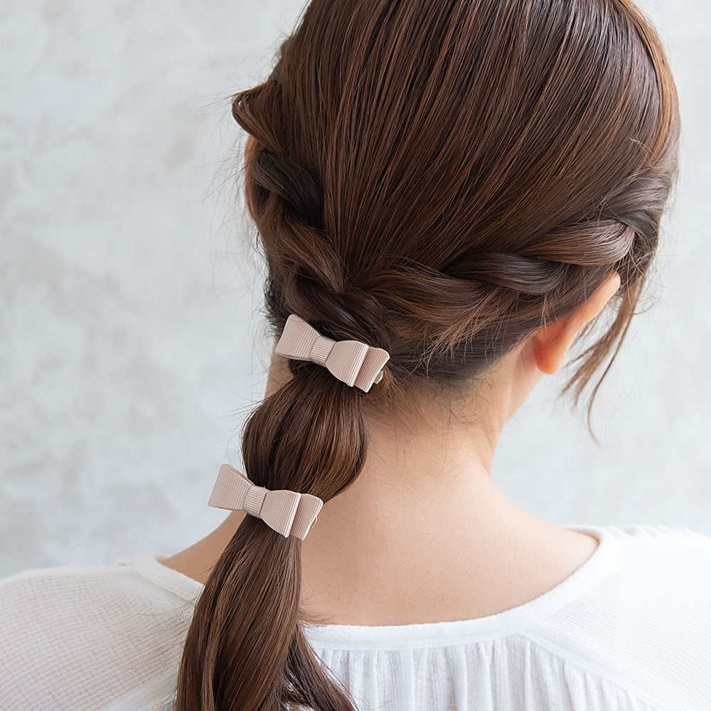 ヘアクリップ ミニ リボン グログラン 立体 カラー 2個セット サイドクリップ