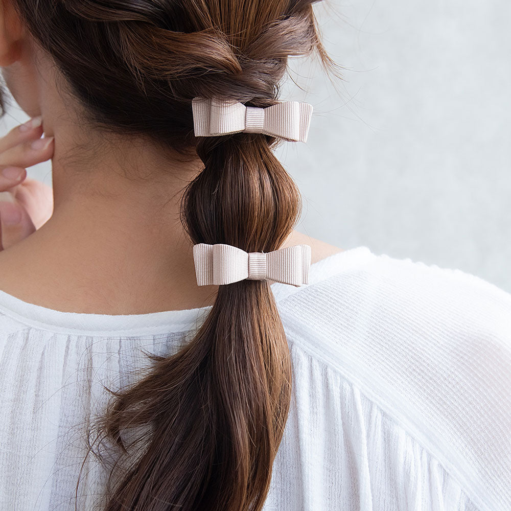ヘアクリップ ミニ リボン グログラン 立体 カラー 2個セット サイドクリップ