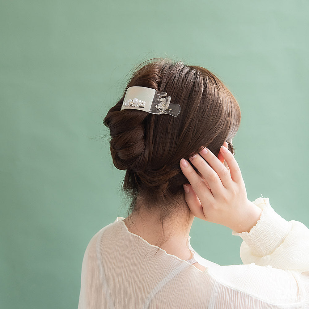 ヘアクリップ マーブル カラー ラメ プレート バブル パール ビーズ クリア サイドバンスクリップ