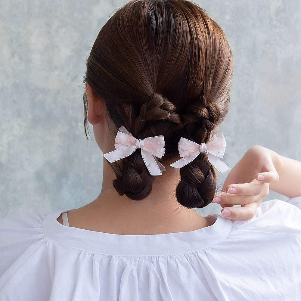 ヘアクリップ シアー ミニ リボン ランダム パール 2個セット サイドクリップ