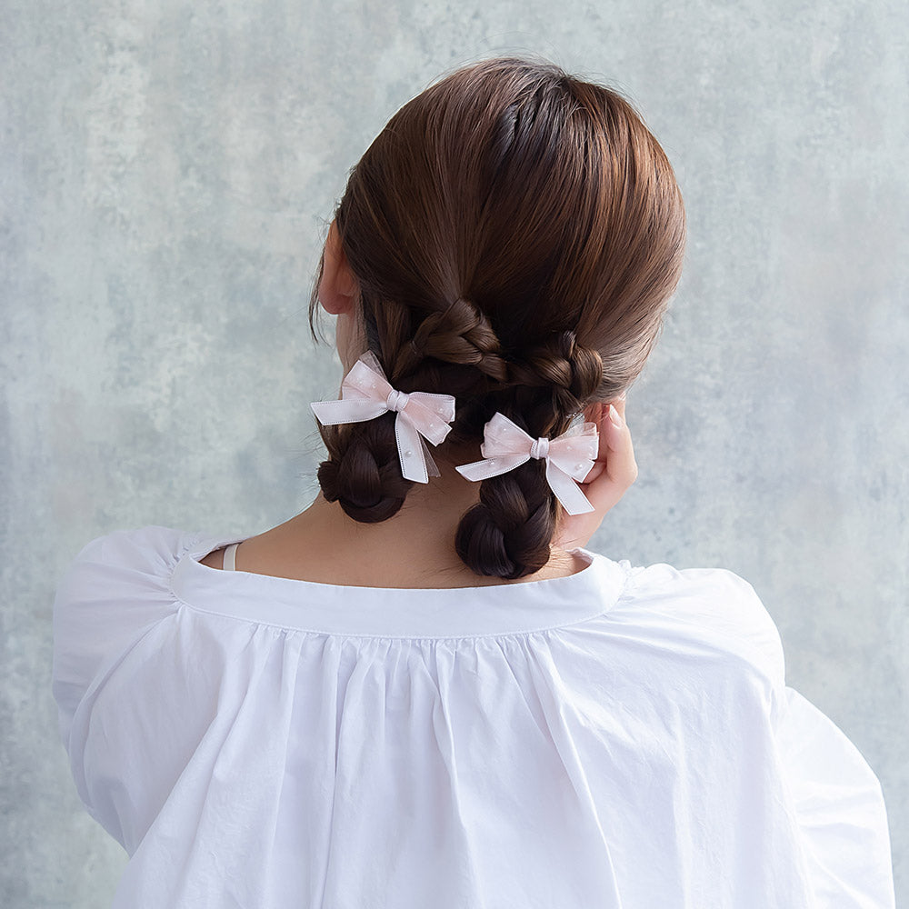 ヘアクリップ シアー ミニ リボン ランダム パール 2個セット サイドクリップ