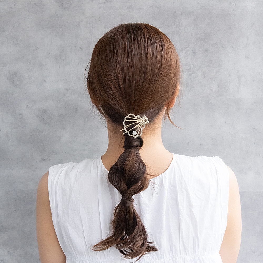 ヘアクリップ メタル シェル ラインストーン パール 透かし サイドクリップ
