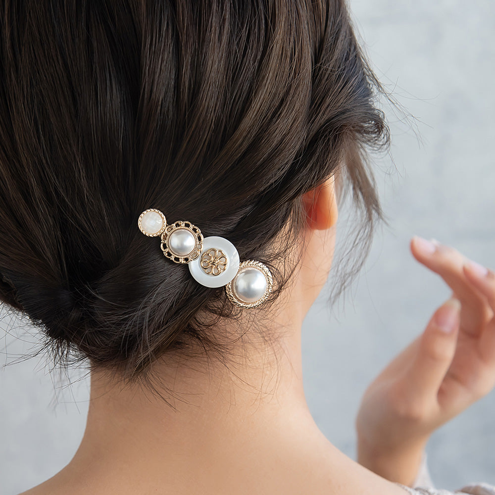 ヘアクリップ パール メタル 透かし ボタン フラワー