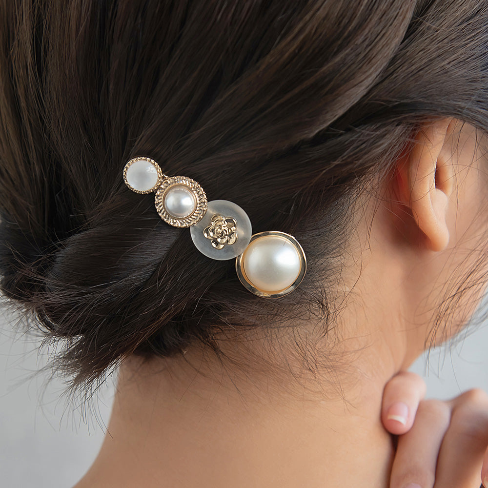 ヘアクリップ パール メタル ウェーブ ボタン フラワー
