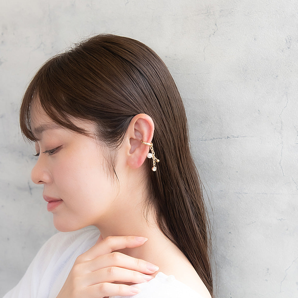 イヤーカフ ニッケルフリー メタル ボール パール ストーン チェーン イヤリング 【片耳用】